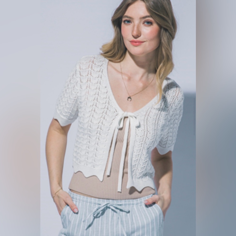 White Short-Sleeve Knit Tie-Front Sweater Cardigan